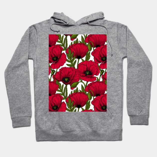 Red poppy garden on white Hoodie by katerinamk